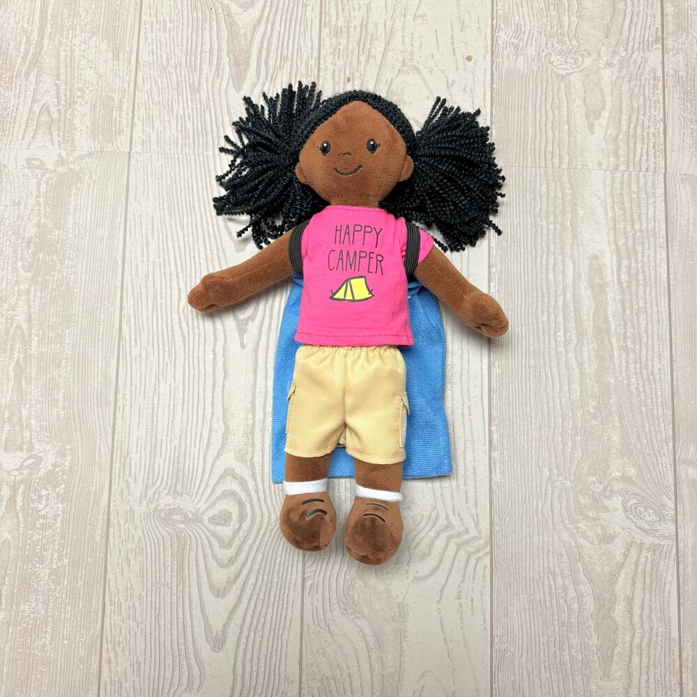 Happy Camper Plush Cloth Doll Camping Outfit Black Hair Pink Shirt Blanket
